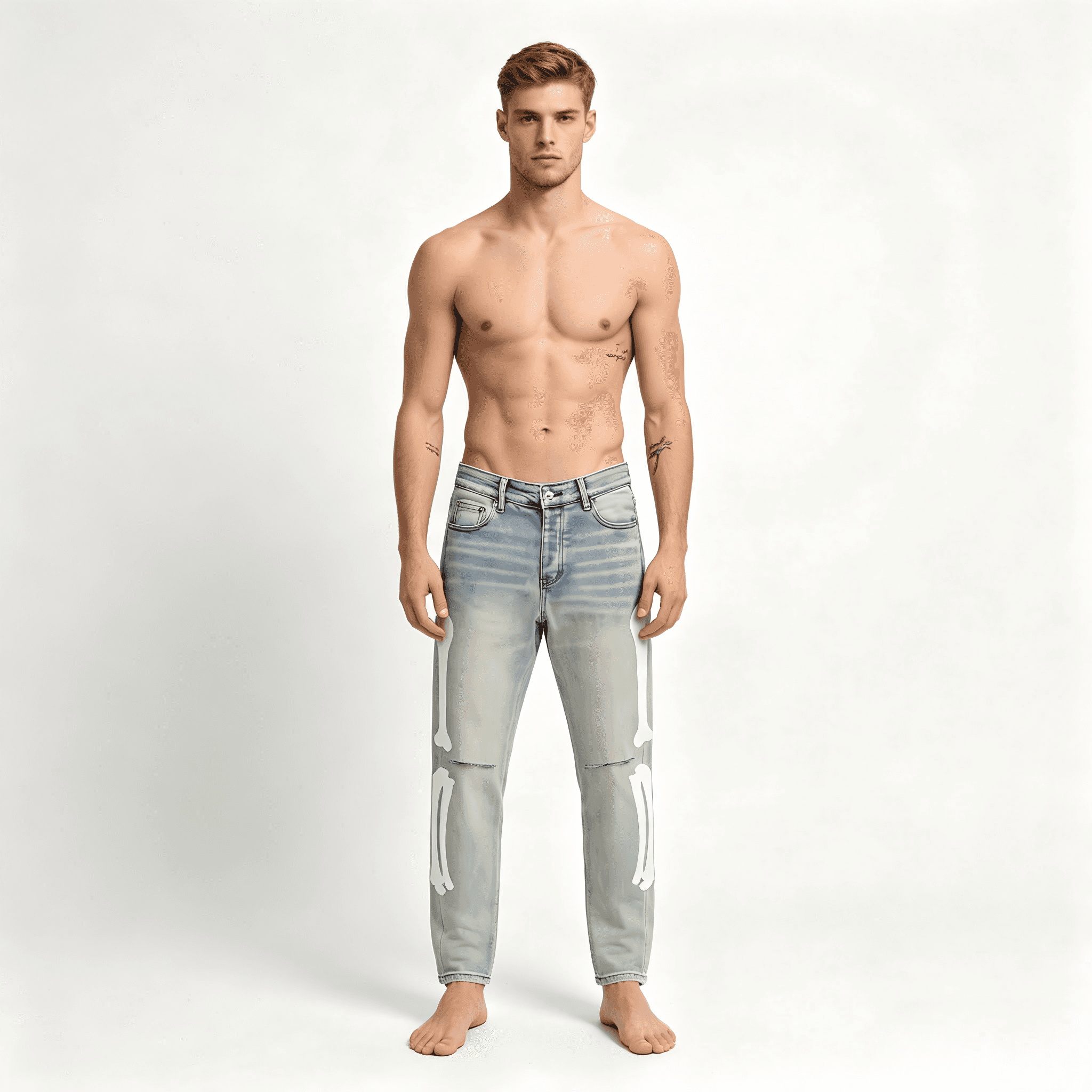 GorgeousBen Men's Vintage Washed Skeleton Print Slim Denim Pants