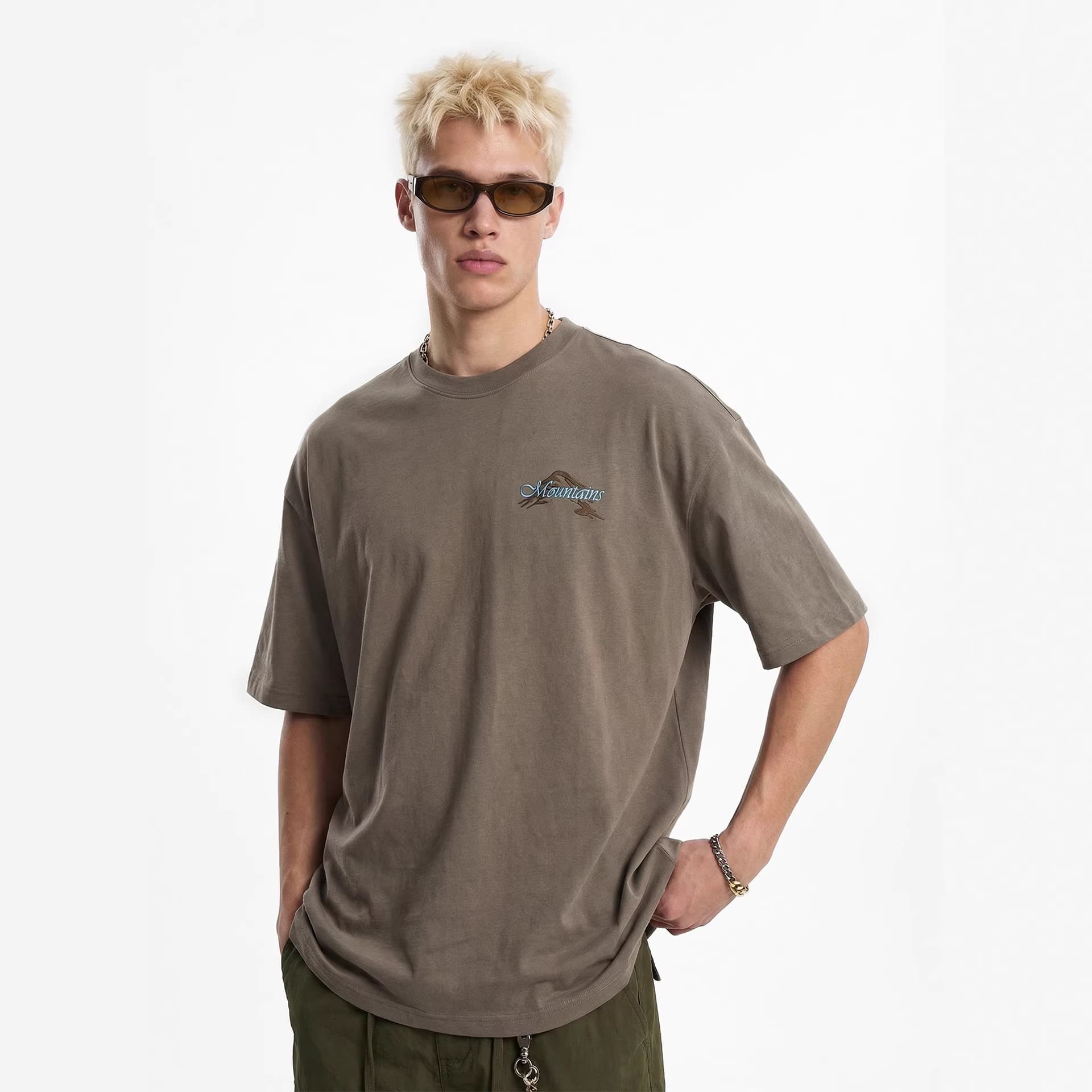 GorgeousBen Men's Oversized Mountain Print T-Shirt, 250g 100% Pure Cotton Crew Neck Tee — main view