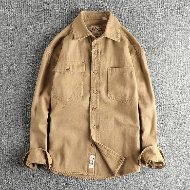 GorgeousBen Men's American Vintage Amekaji Washed Woven Cotton Long Sleeve Shirt With Designer Pockets — view 9