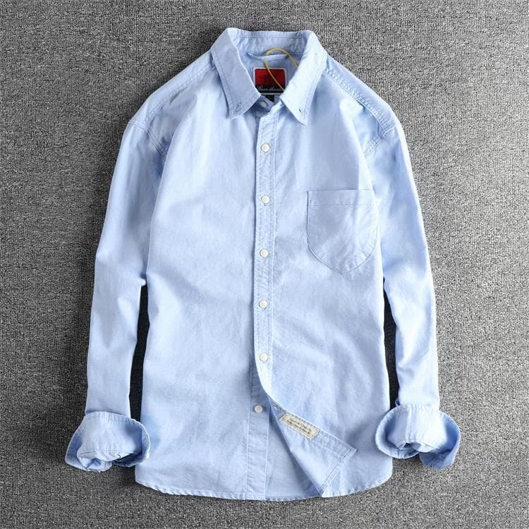 GorgeousBen Men's Japanese Style Minimalist Washed Cotton Oxford Long Sleeve Shirt With Pockets — view 11