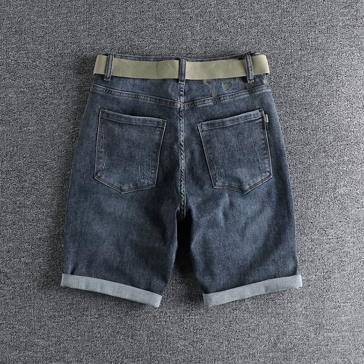 GorgeousBen Men's Summer Washed Distressed Denim Shorts Whiskering Embroidery Slim Straight Knee Length — view 11