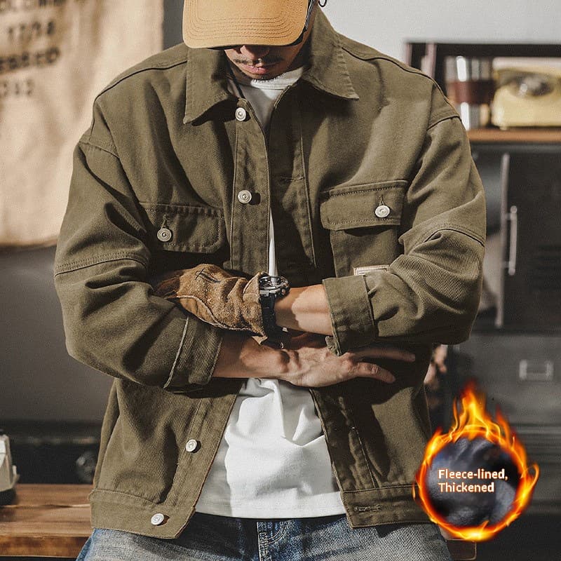 GorgeousBen Men's American Retro Heavyweight Denim Workwear Jacket Loose Fit Fleece Lined Casual Coat for Spring Autumn M-4XL — view 12