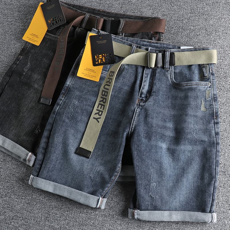 GorgeousBen Men's Summer Washed Distressed Denim Shorts Whiskering Embroidery Slim Straight Knee Length — view 9
