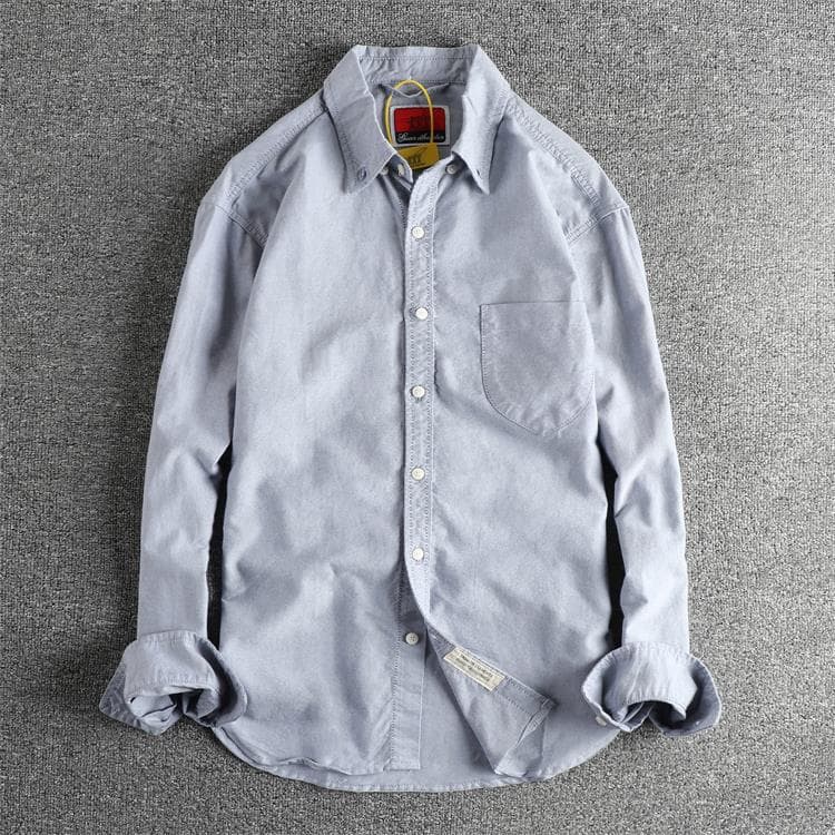 GorgeousBen Men's Japanese Style Minimalist Washed Cotton Oxford Long Sleeve Shirt With Pockets — view 10