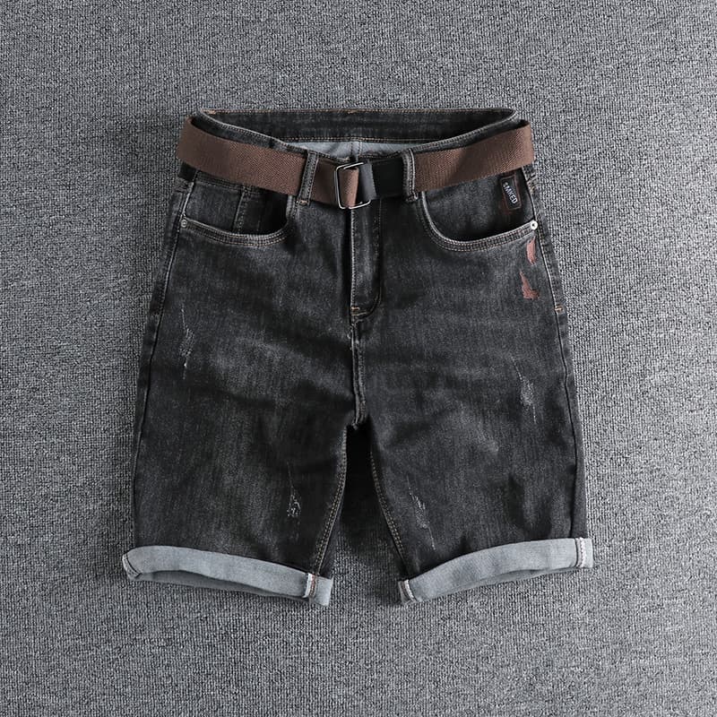GorgeousBen Men's Summer Washed Distressed Denim Shorts Whiskering Embroidery Slim Straight Knee Length — view 7