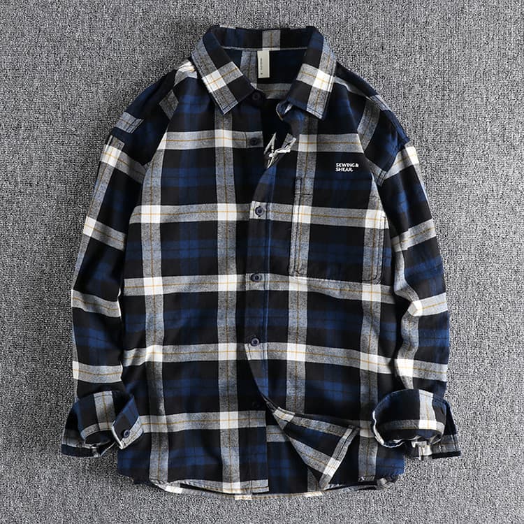 GorgeousBen American vintage woolen plaid long-sleeved shirt men's back embroidery pattern trend all match youth thin coat shirt — view 3