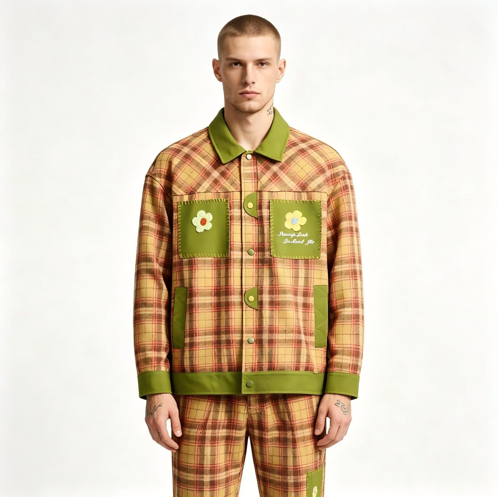 GorgeousBen Unisex 2024 new American PU leather patchwork checkered niche lapel jacket men's and women's spring loose trend couple coat — main view