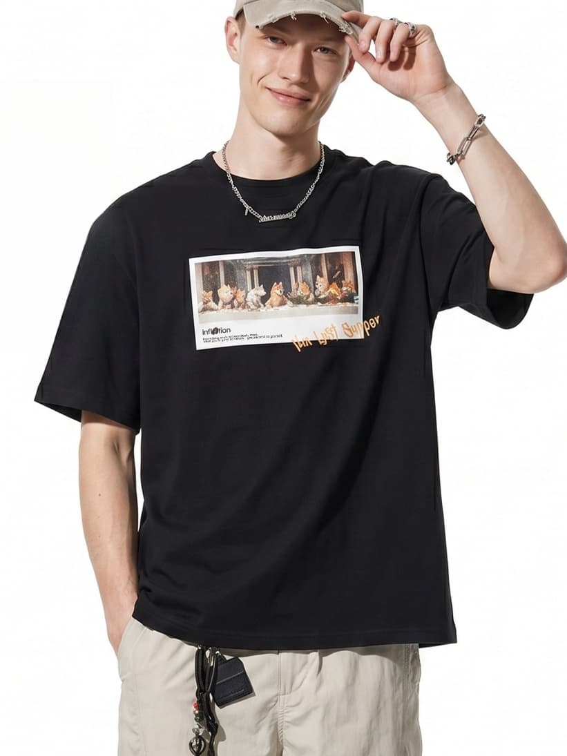 GorgeousBen Men Retro Fun Cat Print Short Sleeve T-Shirt Loose Crew Neck 2026 Spring Summer Casual Multiple Sizes Available — main view