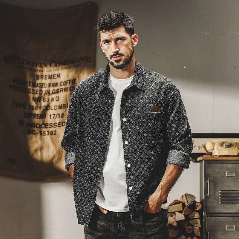 GorgeousBen Small fragrant shirt for men long sleeves autumn heavy stone mill wash water to do old tassel denim coat for men Spring and autu — main view