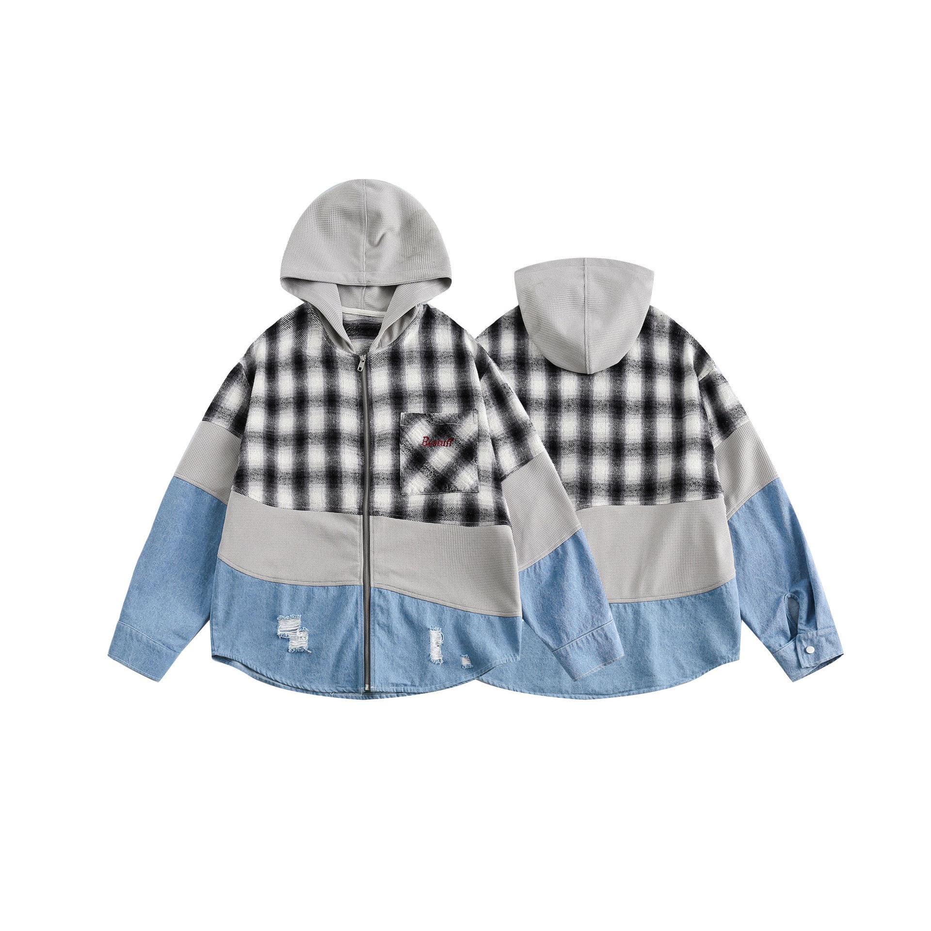 GorgeousBen Unisex retro plaid patchwork new spring hooded jacket design loose with casual niche coat trend — main view