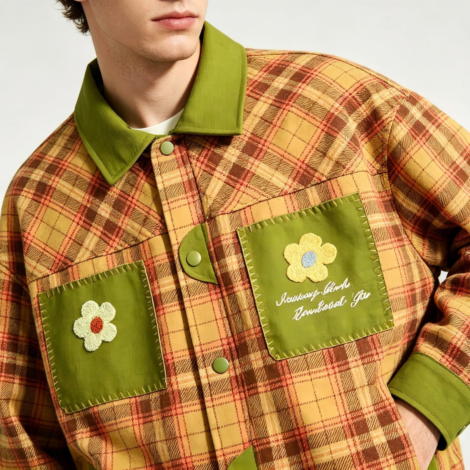 GorgeousBen Unisex 2024 new American PU leather patchwork checkered niche lapel jacket men's and women's spring loose trend couple coat — view 3