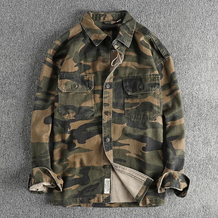GorgeousBen Vintage chunky woven cotton cargo long-sleeved shirt men's autumn and winter casual shirt coat — main view