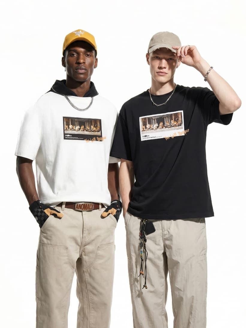 GorgeousBen Men Retro Fun Cat Print Short Sleeve T-Shirt Loose Crew Neck 2026 Spring Summer Casual Multiple Sizes Available — view 3