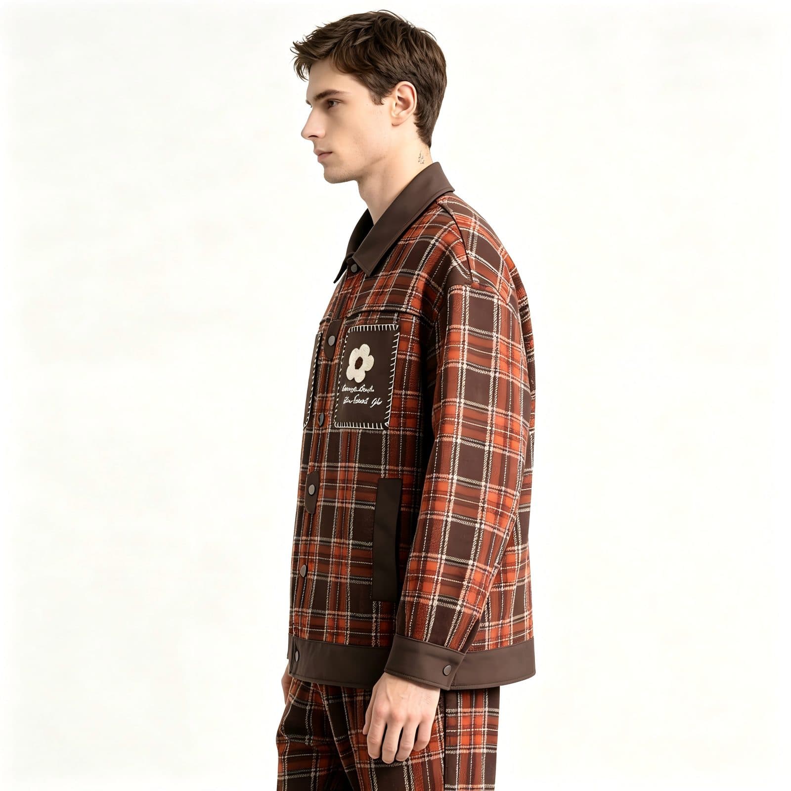 GorgeousBen Unisex 2024 new American PU leather patchwork checkered niche lapel jacket men's and women's spring loose trend couple coat — view 7