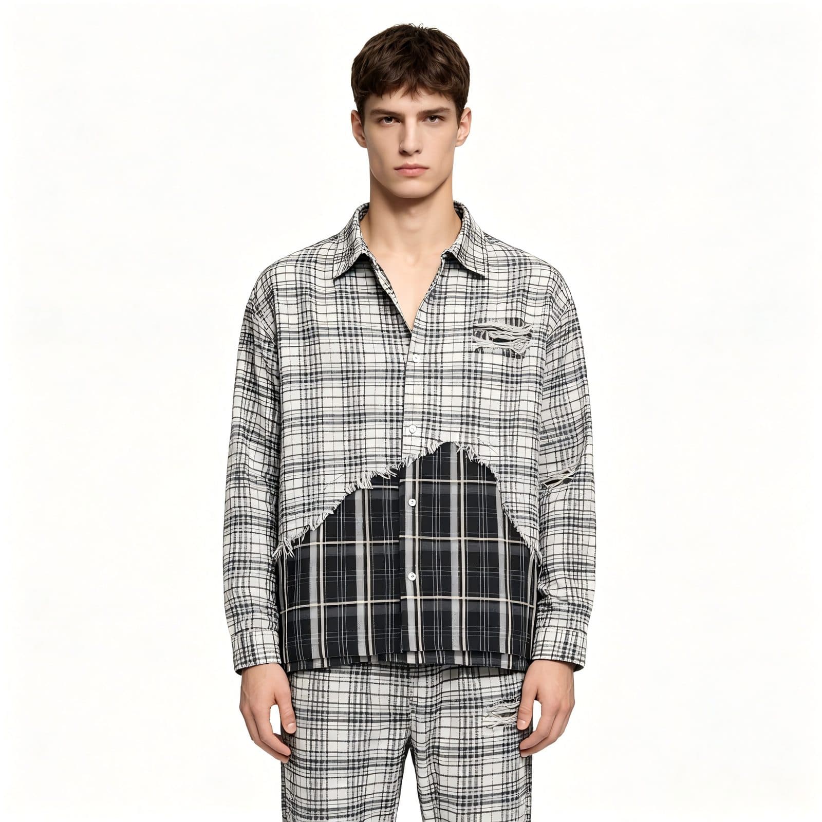 GorgeousBen Men’s Patchwork Plaid Shirt Distressed Oversized