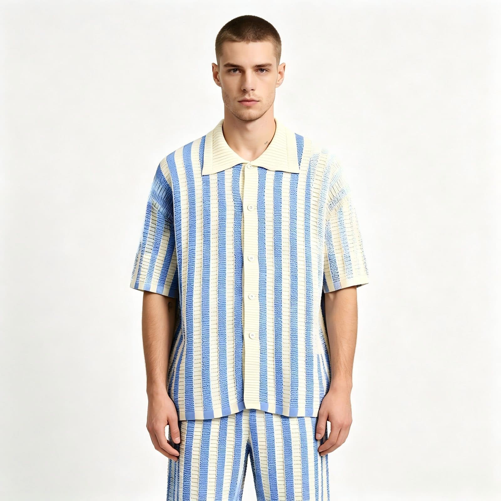GorgeousBen Men's Slim Fit Striped Knit Polo Cardigan, Breathable Summer Shirt