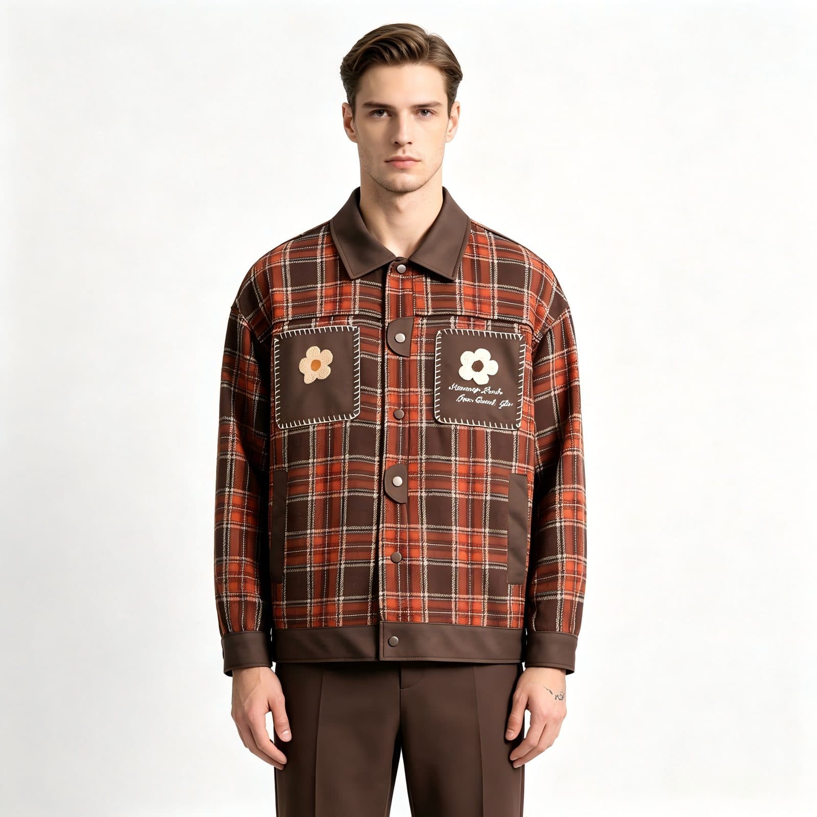 GorgeousBen Unisex 2024 new American PU leather patchwork checkered niche lapel jacket men's and women's spring loose trend couple coat — view 5