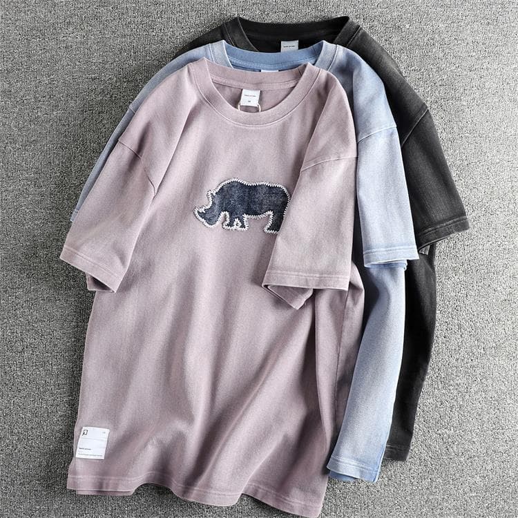 GorgeousBen Counter Quality Men's Heavyweight Retro Washed Distressed T-Shirt | Trendy Summer Short Sleeve with Appliqué Embroidery Pattern — view 4