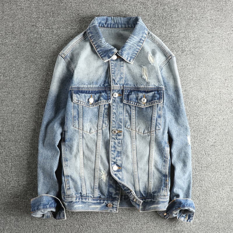 GorgeousBen Distressed Ripped Men's Denim Jacket - Vintage Trendy Edgy Cool Casual Youth Outerwear — main view