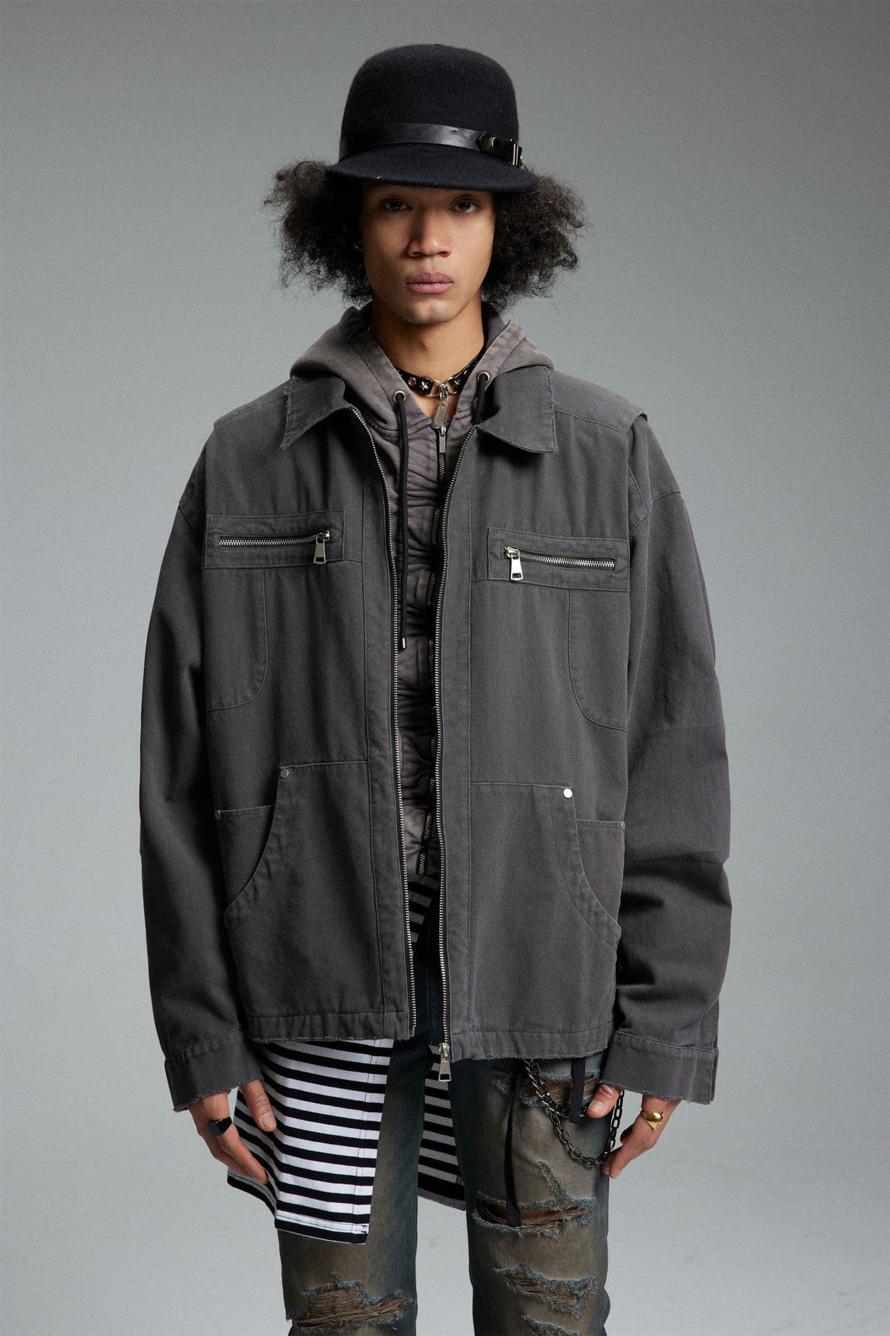 GorgeousBen   Unisex American trendy handsome design sense zipper decoration jacket men's spring loose casual versatile retro workwear outer — view 9