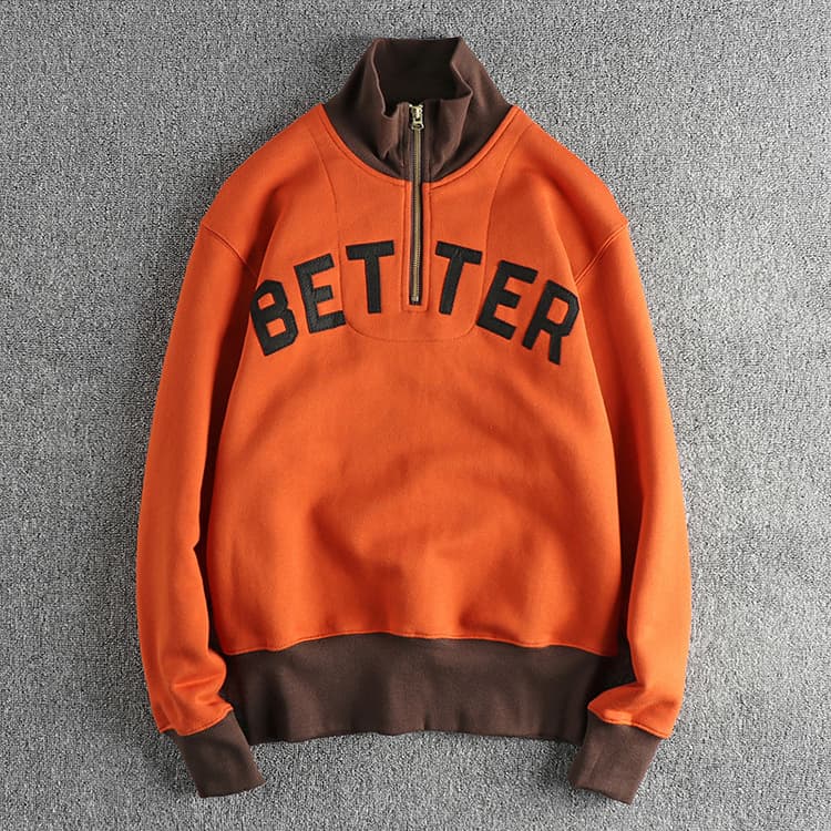 GorgeousBen Applique embroidered letter pattern khaki retro trend plus fleece thickened hoodie men's half open stand collar American pullove — view 8