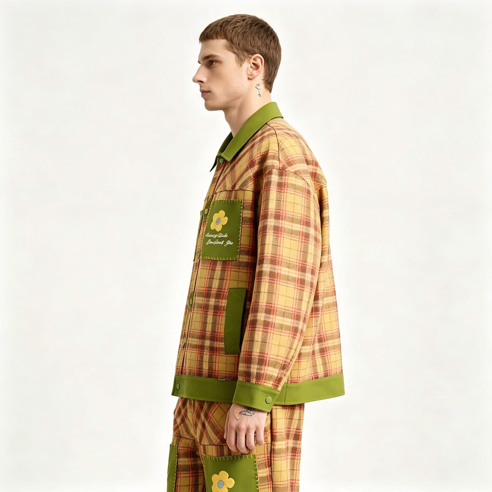 GorgeousBen Unisex 2024 new American PU leather patchwork checkered niche lapel jacket men's and women's spring loose trend couple coat — view 4