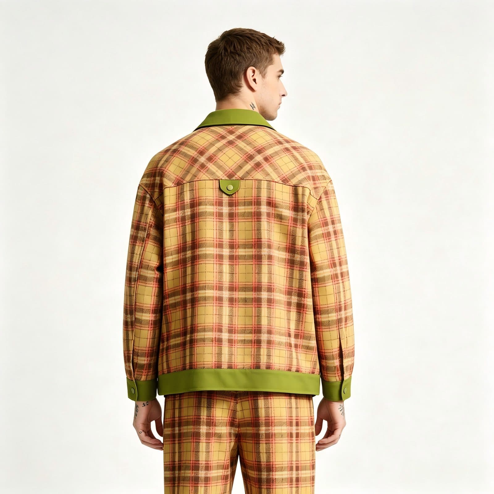 GorgeousBen Unisex 2024 new American PU leather patchwork checkered niche lapel jacket men's and women's spring loose trend couple coat — view 2