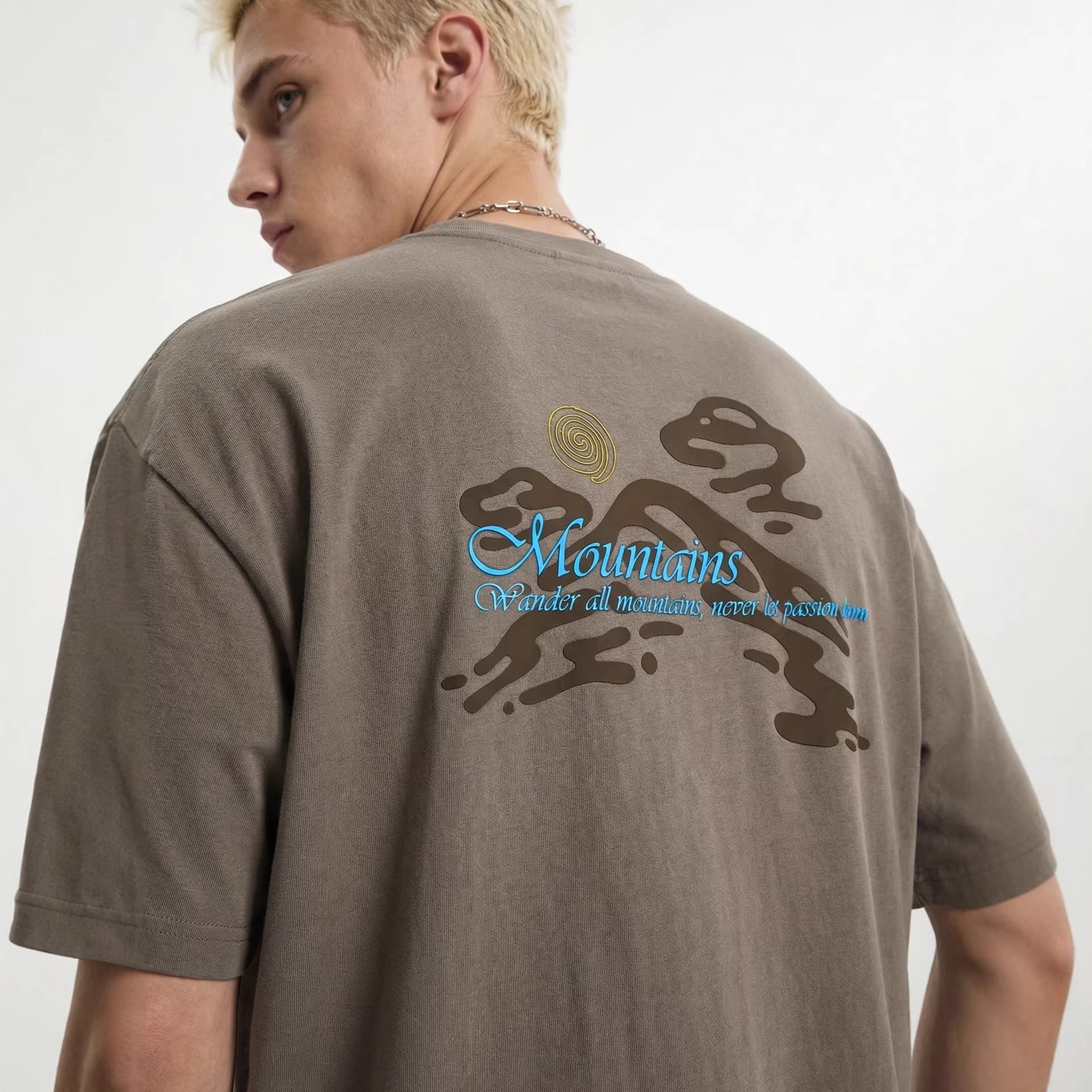 GorgeousBen Men's Oversized Mountain Print T-Shirt, 250g 100% Pure Cotton Crew Neck Tee — view 2
