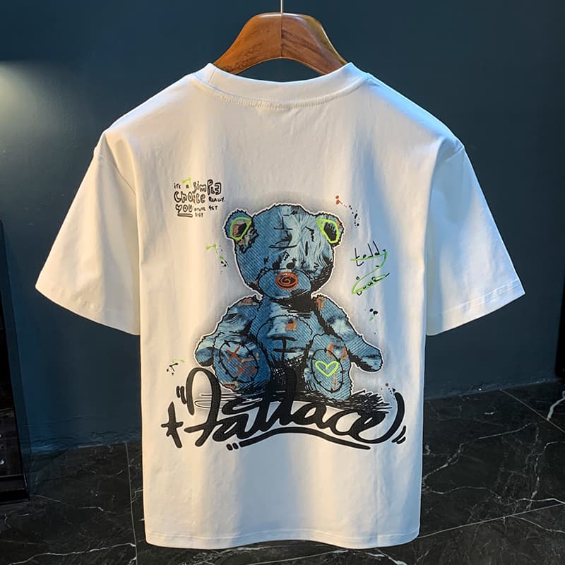 GorgeousBen American trendy cartoon painted teddy bear embroidered short sleeved T-shirt for men's summer new trendy ins half sleeved round — view 2
