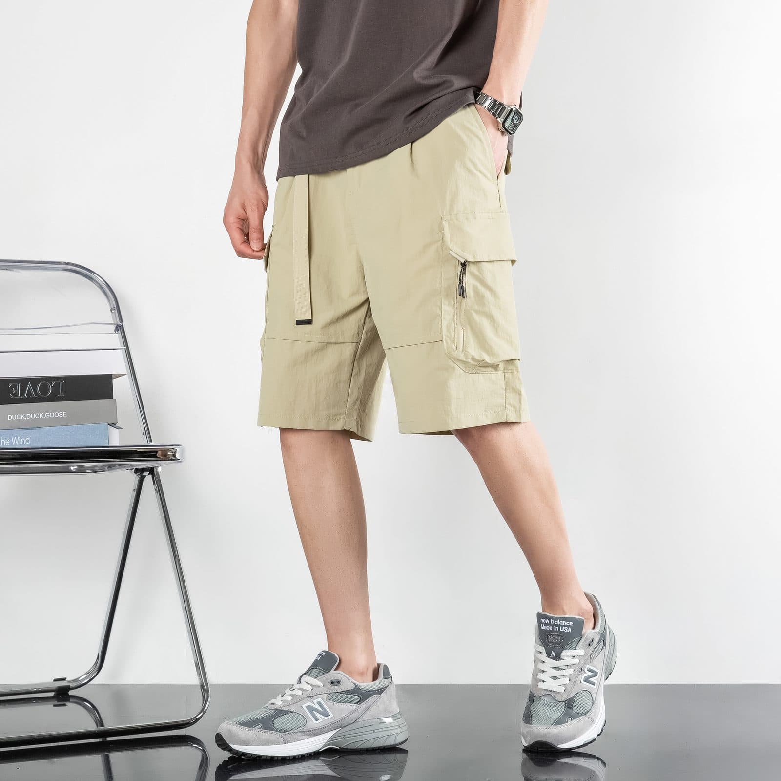 GorgeousBen Men's loose shorts five point pants casual sports pants buckle belt outside wearing. — view 5