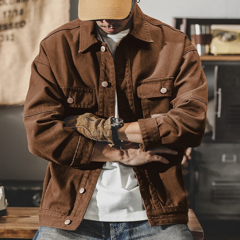GorgeousBen Men's American Retro Heavyweight Denim Workwear Jacket Loose Fit Fleece Lined Casual Coat for Spring Autumn M-4XL — view 10