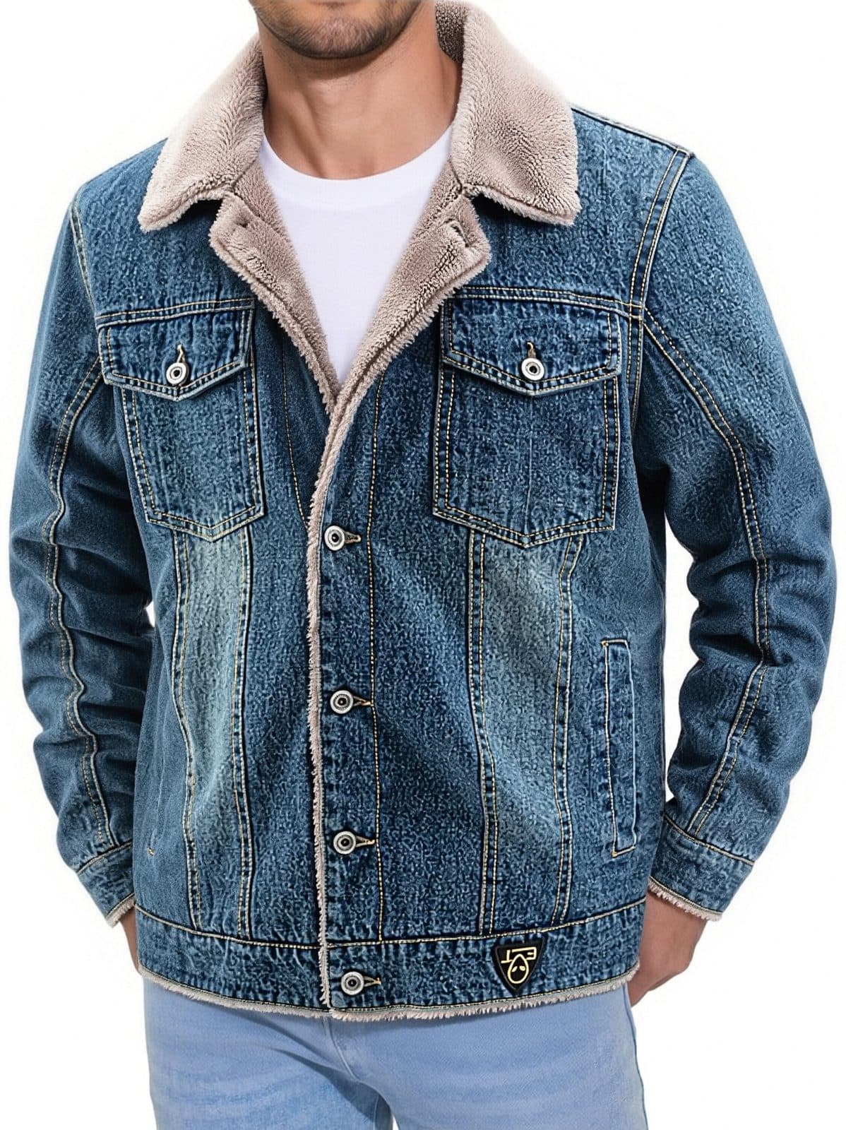GorgeousBen Men's Fleece Lined Denim Jacket Warm Winter Trucker Coat — view 8