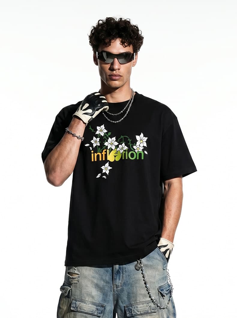 GorgeousBen Men American Streetwear Floral Print Short Sleeve T-Shirt Loose Crew Neck 2026 Spring Summer New Multiple Sizes Available — view 12
