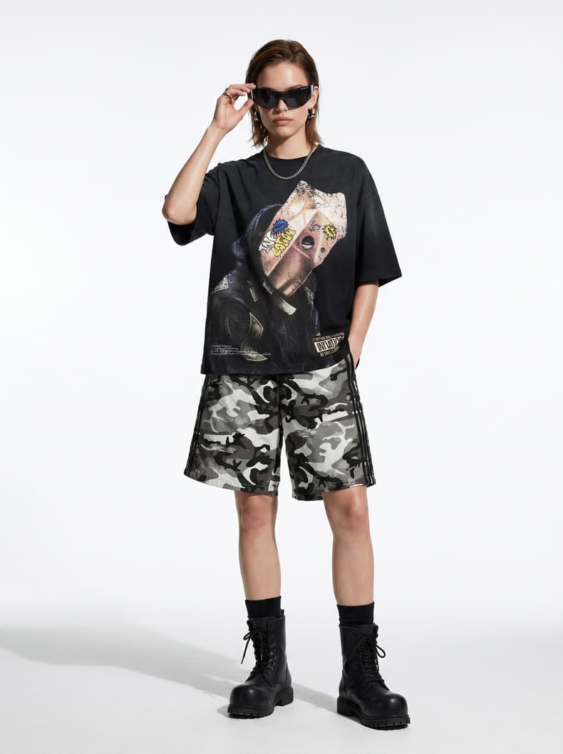GorgeousBen Men Portrait Graffiti Print Short Sleeve T-Shirt Loose Drop Shoulder American Streetwear 2026 Summer New Multiple Sizes Availabl — view 10