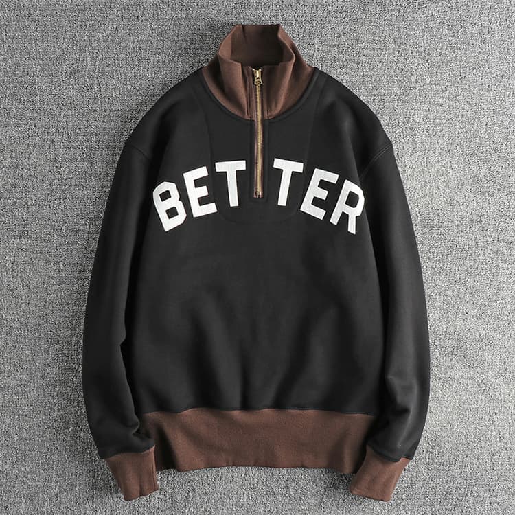 GorgeousBen Applique embroidered letter pattern khaki retro trend plus fleece thickened hoodie men's half open stand collar American pullove — main view