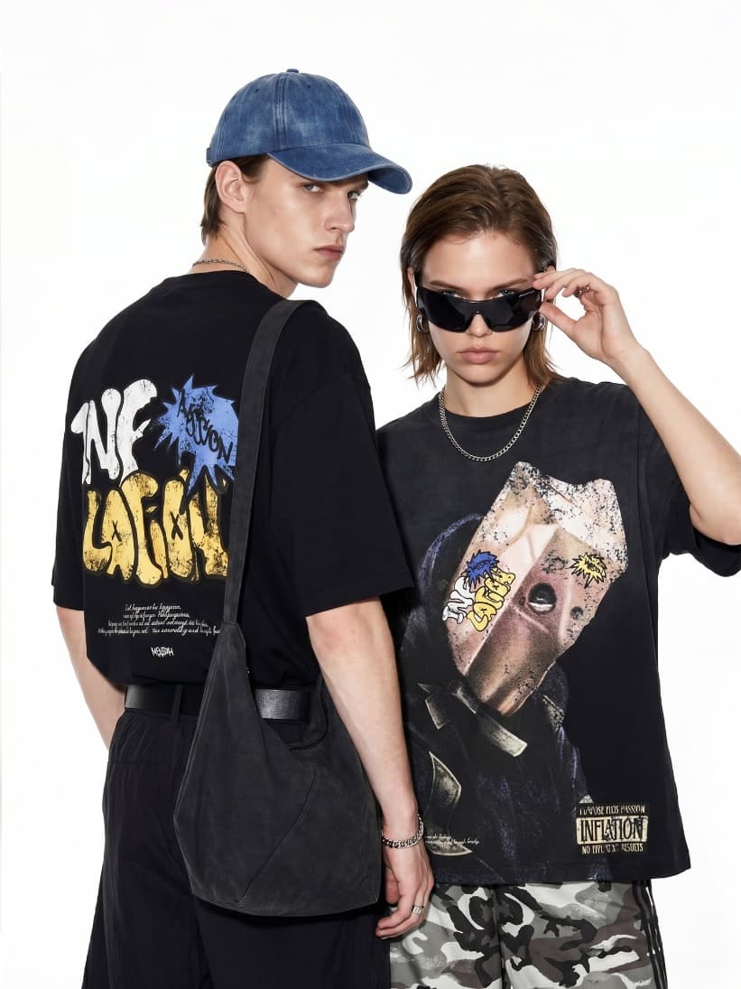 GorgeousBen Men Portrait Graffiti Print Short Sleeve T-Shirt Loose Drop Shoulder American Streetwear 2026 Summer New Multiple Sizes Availabl — view 3