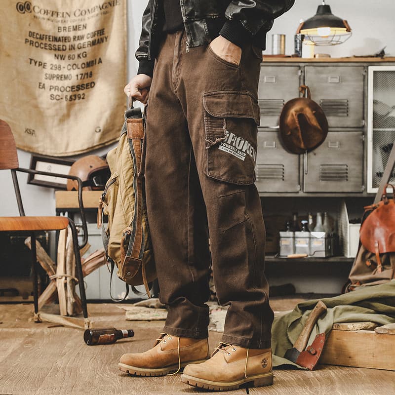 GorgeousBen American retro work pants men's autumn trendy brand multi pocket loose oversized embroidered pants men's style. — view 2