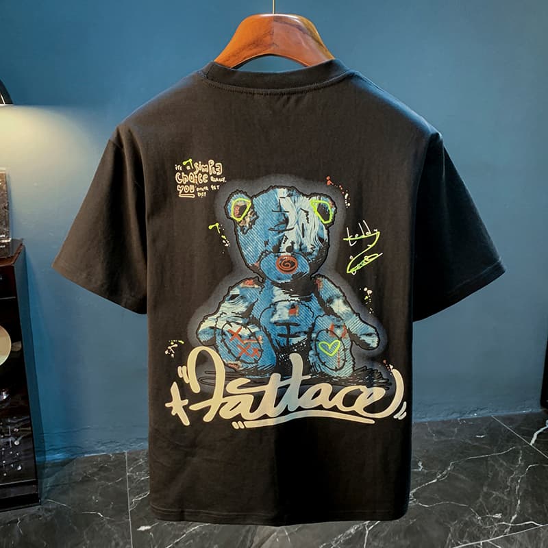 GorgeousBen American trendy cartoon painted teddy bear embroidered short sleeved T-shirt for men's summer new trendy ins half sleeved round — main view