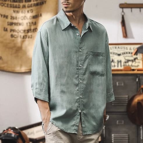 GorgeousBen Summer new Chinese style linen shirt men's short sleeved Lyocell Tencel thin seven quarter sleeved men's shirt. — view 6