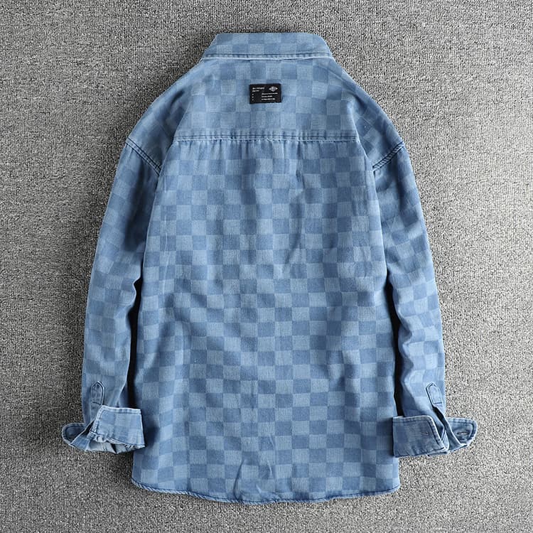 GorgeousBen New Arrival American Retro Streetwear Plaid Denim Shirt Loose Fit Unisex Spring Autumn Lightweight Versatile Outerwear — view 8