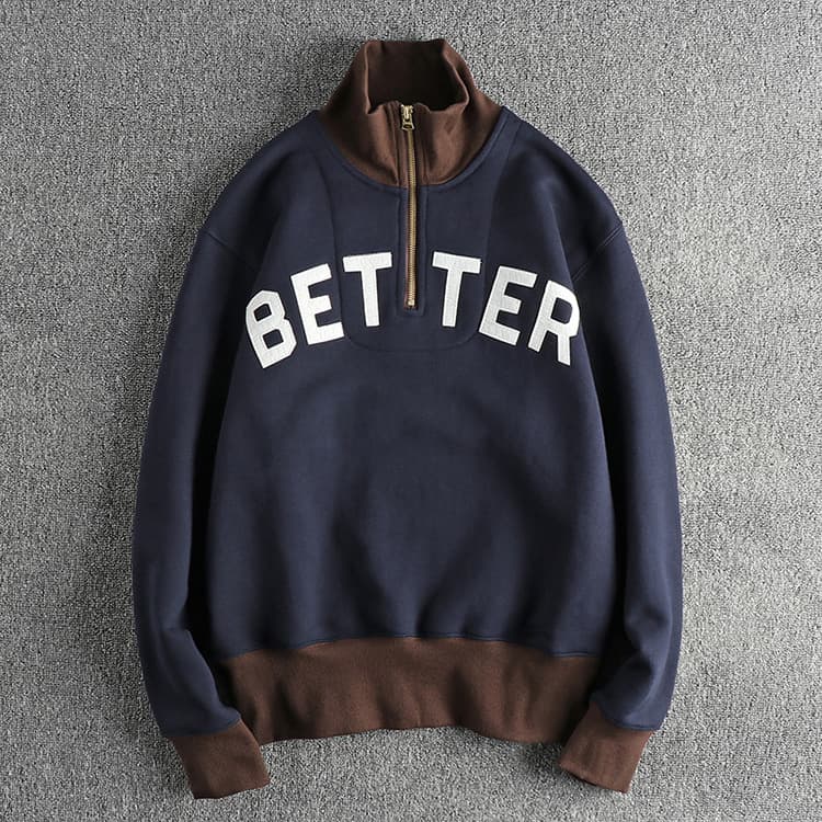 GorgeousBen Applique embroidered letter pattern khaki retro trend plus fleece thickened hoodie men's half open stand collar American pullove — view 2