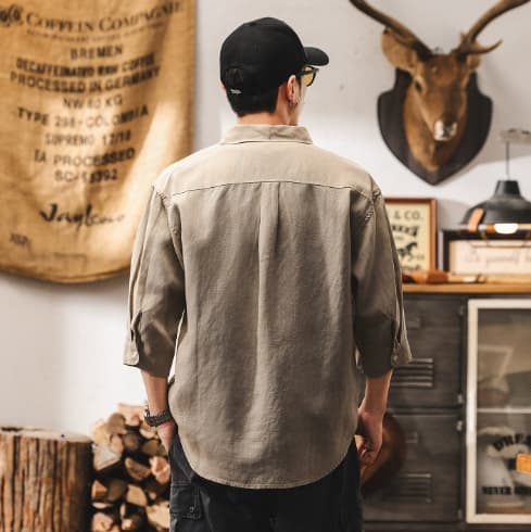 GorgeousBen Summer new Chinese style linen shirt men's short sleeved Lyocell Tencel thin seven quarter sleeved men's shirt. — view 4