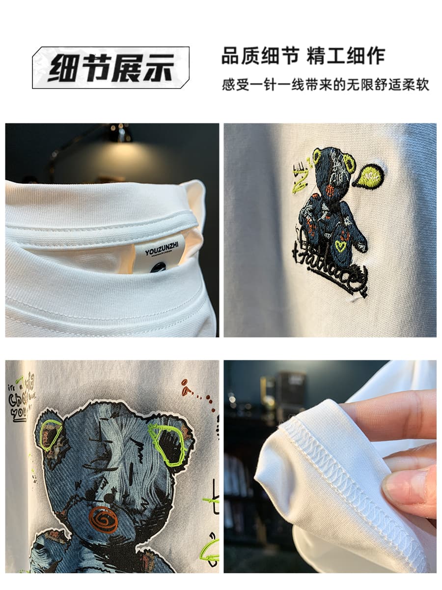 GorgeousBen American trendy cartoon painted teddy bear embroidered short sleeved T-shirt for men's summer new trendy ins half sleeved round — view 5