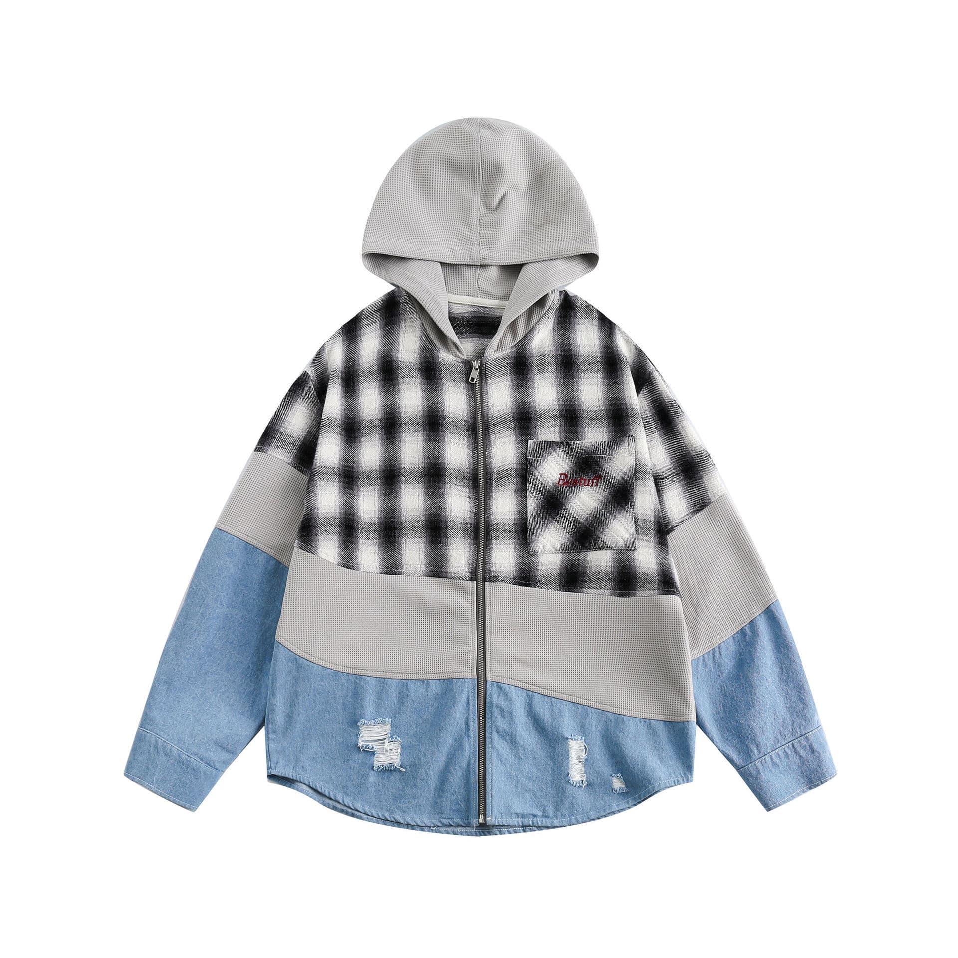 GorgeousBen Unisex retro plaid patchwork new spring hooded jacket design loose with casual niche coat trend — view 2