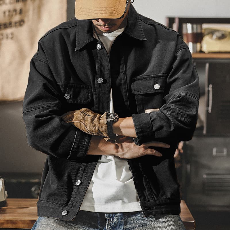 GorgeousBen Men's American Retro Heavyweight Denim Workwear Jacket Loose Fit Fleece Lined Casual Coat for Spring Autumn M-4XL — view 9