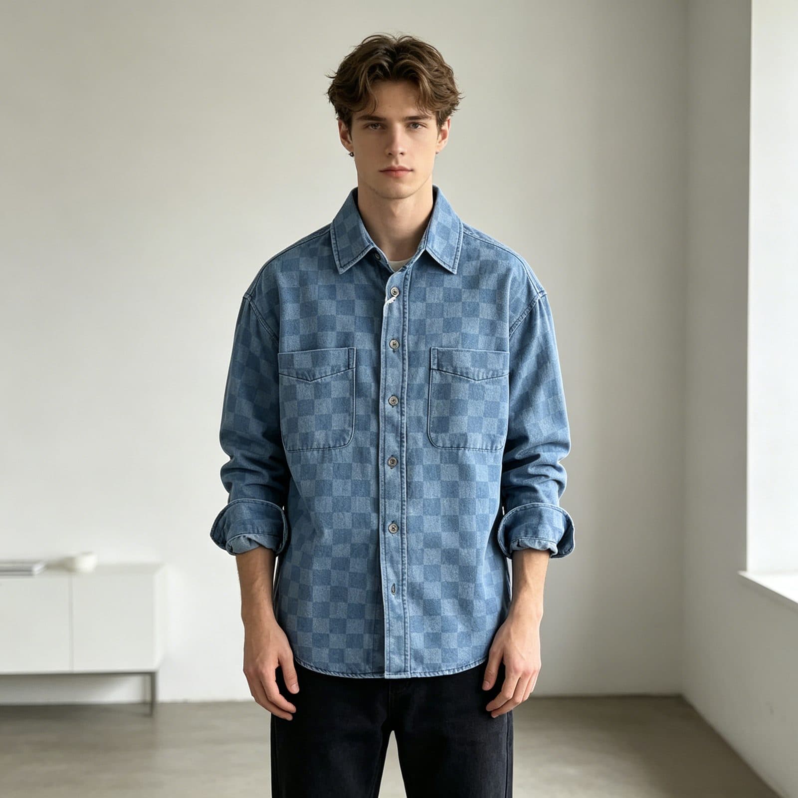 GorgeousBen New Arrival American Retro Streetwear Plaid Denim Shirt Loose Fit Unisex Spring Autumn Lightweight Versatile Outerwear — view 2