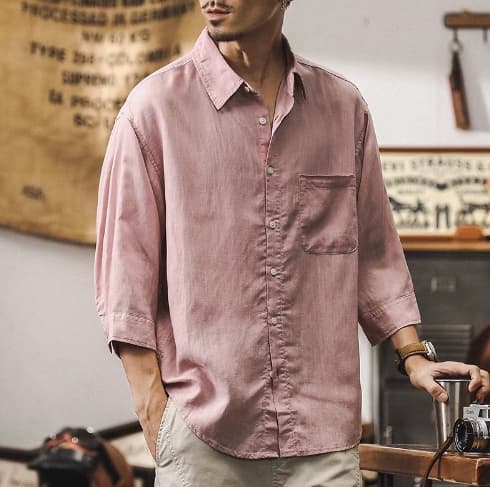 GorgeousBen Summer new Chinese style linen shirt men's short sleeved Lyocell Tencel thin seven quarter sleeved men's shirt. — view 7