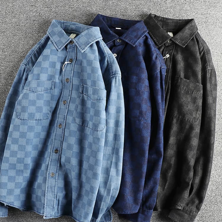 GorgeousBen New Arrival American Retro Streetwear Plaid Denim Shirt Loose Fit Unisex Spring Autumn Lightweight Versatile Outerwear — view 15