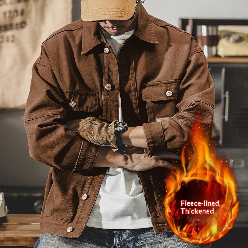 GorgeousBen Men's American Retro Heavyweight Denim Workwear Jacket Loose Fit Fleece Lined Casual Coat for Spring Autumn M-4XL — view 14