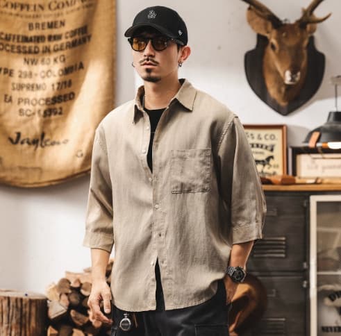 GorgeousBen Summer new Chinese style linen shirt men's short sleeved Lyocell Tencel thin seven quarter sleeved men's shirt. — view 5